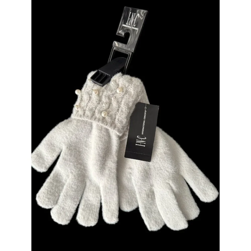 INC International Concepts Women's Pearl Embellished-Cuff Gloves Grey